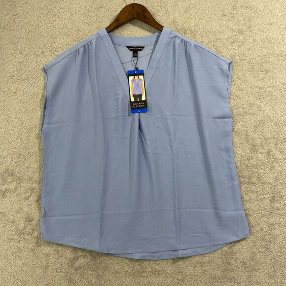 NEW Banana Republic Womens L Sleeveless V-Neck Blouse  Chiffon Blue - Picture 1 of 7
